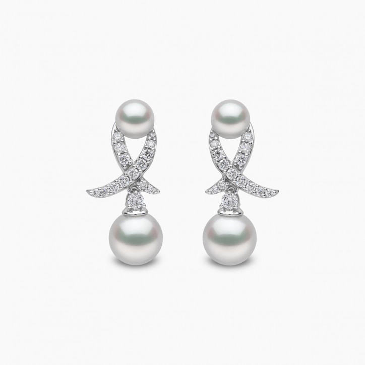 Sleek 18K Gold Akoya Pearl and Diamond Motif Earrings