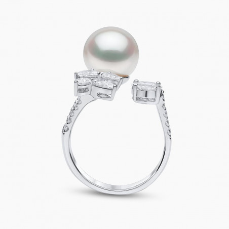 Baby Glitz 18K Gold Akoya Pearl and Diamond Motif Open Ring