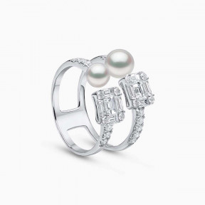 Baby Glitz 18K Gold Akoya Pearl and Baguette-Cut Diamond Open Ring