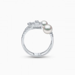 Baby Glitz 18K Gold Akoya Pearl and Baguette-Cut Diamond Open Ring