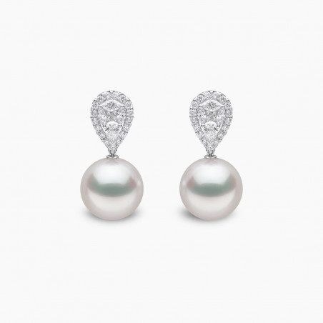 Glitz 18K Gold South Sea Pearl and Pear Cut Diamond Earrings