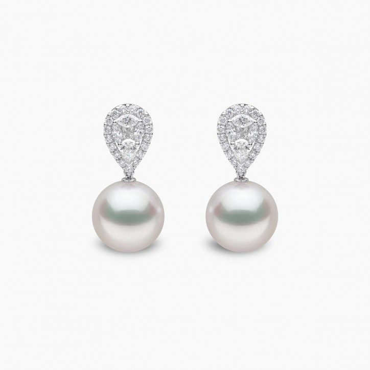 Glitz 18K Gold South Sea Pearl and Pear Cut Diamond Earrings