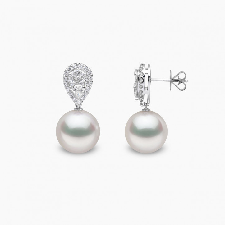 Glitz 18K Gold South Sea Pearl and Pear Cut Diamond Earrings