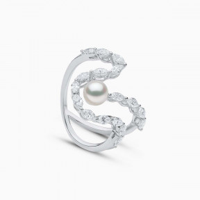 Baby Glitz 18K Gold Akoya Pearl and Marquise Cut Diamond Curve Ring