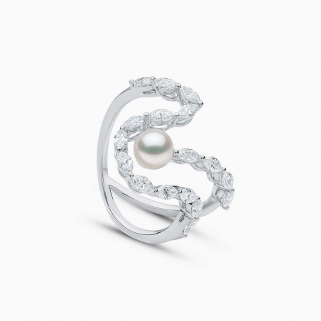 Baby Glitz 18K Gold Akoya Pearl and Marquise Cut Diamond Curve Ring