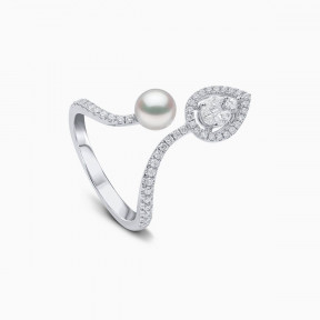 Baby Glitz 18K Gold Akoya Pearl and Multi Diamond Open Ring