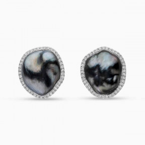 Baroque 18K Gold Tahitian Pearl and Diamond Halo Stud Earrings