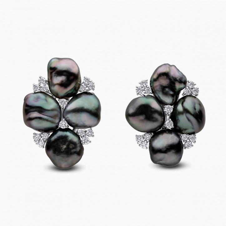 Baroque 18K Gold Multi Tahitian Pearl and Diamond Earrings