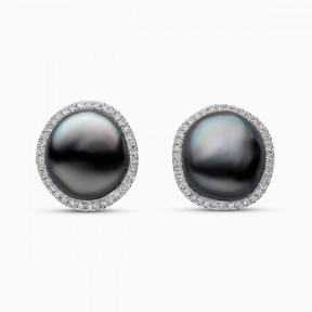 Baroque 18K Gold Tahitian Pearl and Diamond Halo Stud Earrings