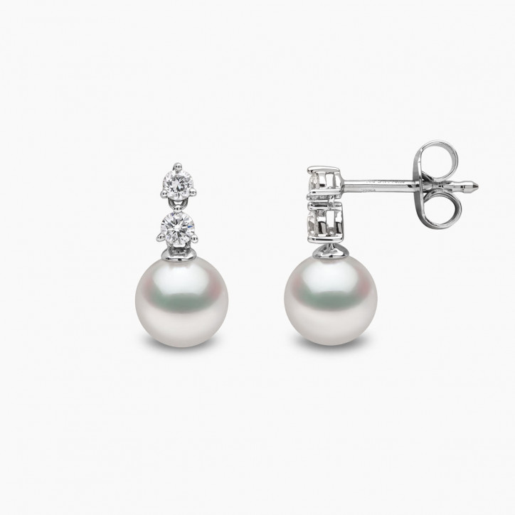 Diamond Classic 18K Gold Akoya Pearl Double Diamond Earrings