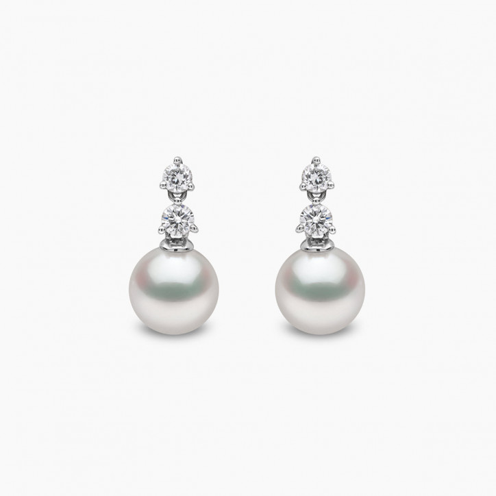 Diamond Classic 18K Gold Akoya Pearl Double Diamond Earrings