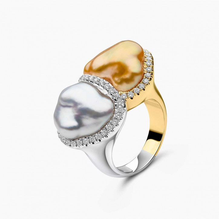 Baroque 18K Gold Double Pearl and Diamond Ring