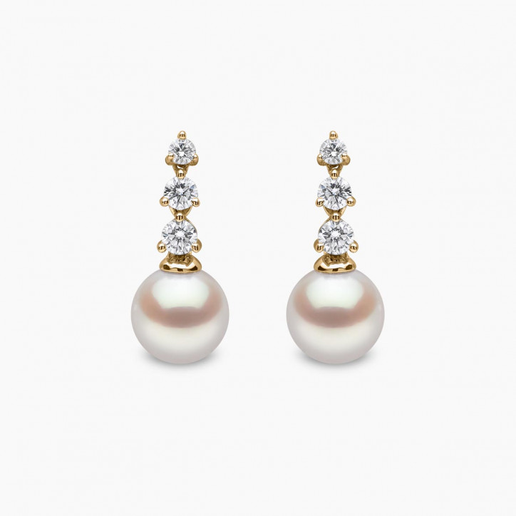 Diamond Classic 18K Gold Pearl Triple Diamond Earrings