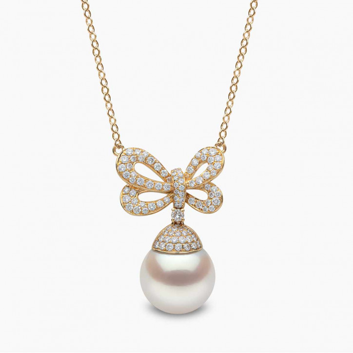 Duchess 18K Gold Pearl and Diamond Bow Motif Pendant