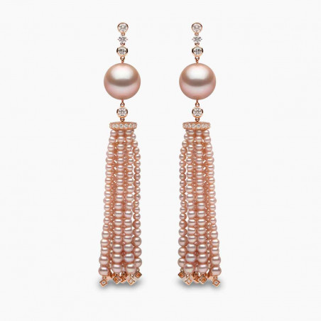 Tassel 18K Gold Pink Freshwater Pearl and Diamond Earrings