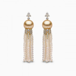 Tassel 18K Gold Golden Pearl and Diamond Geometric Motif Earrings