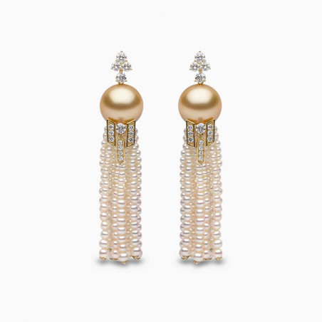 Tassel 18K Gold Golden Pearl and Diamond Geometric Motif Earrings