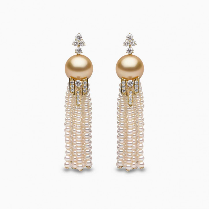 Tassel 18K Gold Golden Pearl and Diamond Geometric Motif Earrings