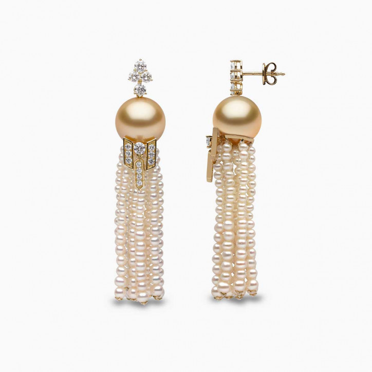 Tassel 18K Gold Golden Pearl and Diamond Geometric Motif Earrings