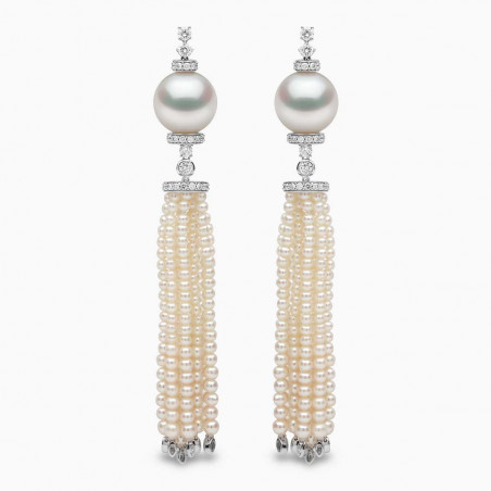 Tassel 18K Gold Pearl and Diamond Tiered Earrings