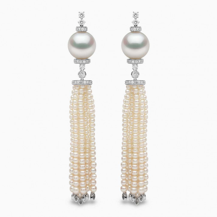 Tassel 18K Gold Pearl and Diamond Tiered Earrings