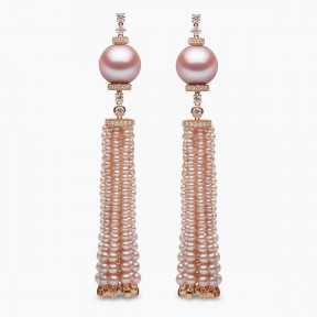 Tassel 18K Gold Pink Freshwater Pearl and Diamond Tiered Earrings