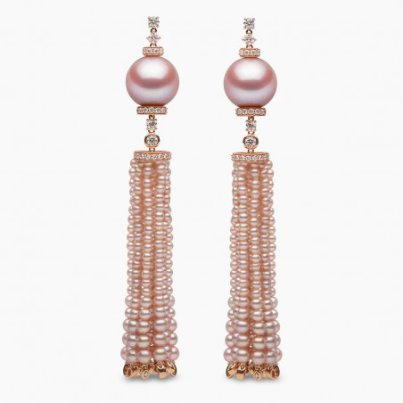 Tassel 18K Gold Pink Freshwater Pearl and Diamond Tiered Earrings