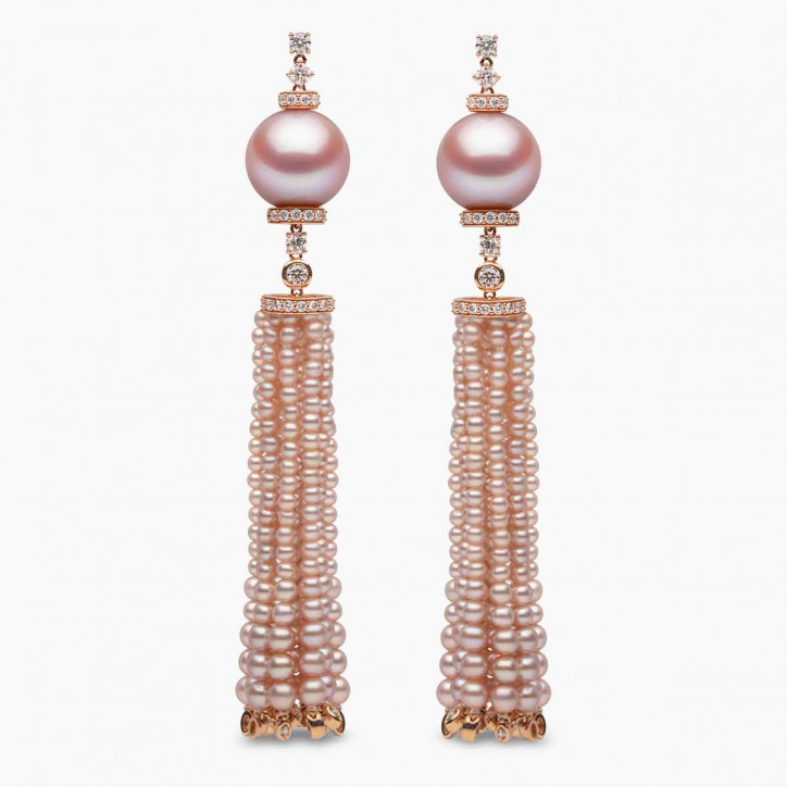 Tassel 18K Gold Pink Freshwater Pearl and Diamond Tiered Earrings