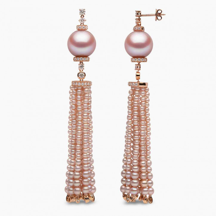 Tassel 18K Gold Pink Freshwater Pearl and Diamond Tiered Earrings