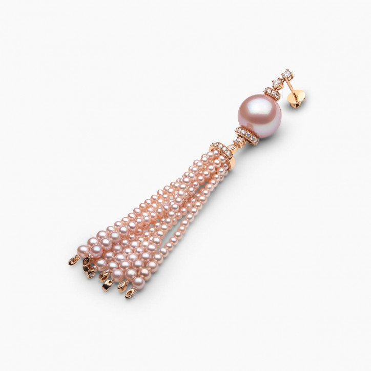 Tassel 18K Gold Pink Freshwater Pearl and Diamond Tiered Earrings