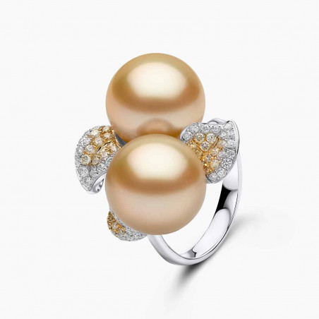 Sunrise 18K Gold Double South Sea Pearl Triple Petal Diamond Ring