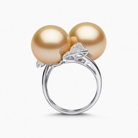 Sunrise 18K Gold Double South Sea Pearl Triple Petal Diamond Ring