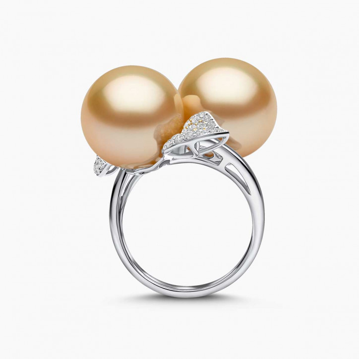 Sunrise 18K Gold Double South Sea Pearl Triple Petal Diamond Ring