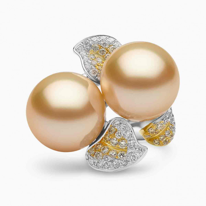 Sunrise 18K Gold Double South Sea Pearl Triple Petal Diamond Ring