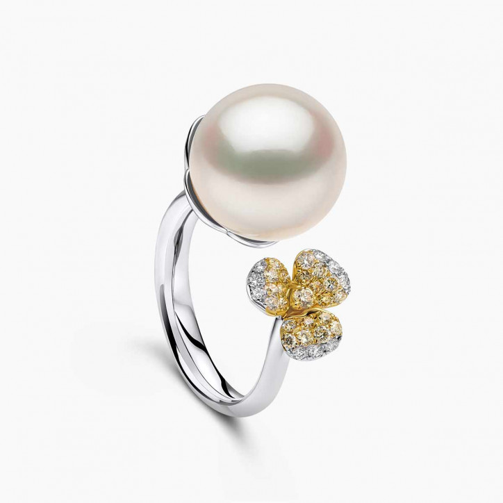 Sunrise 18K Gold South Sea Pearl Mini Flower Diamond Ring