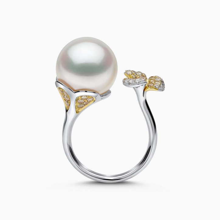 Sunrise 18K Gold South Sea Pearl Mini Flower Diamond Ring