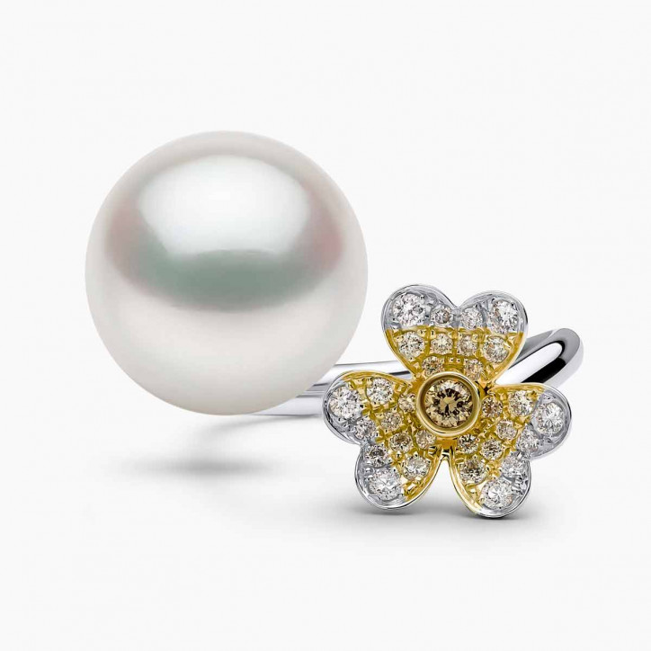 Sunrise 18K Gold South Sea Pearl Clover Diamond Ring