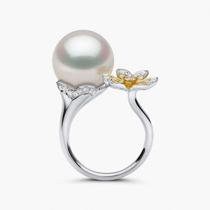 Sunrise 18K Gold South Sea Pearl Clover Diamond Ring