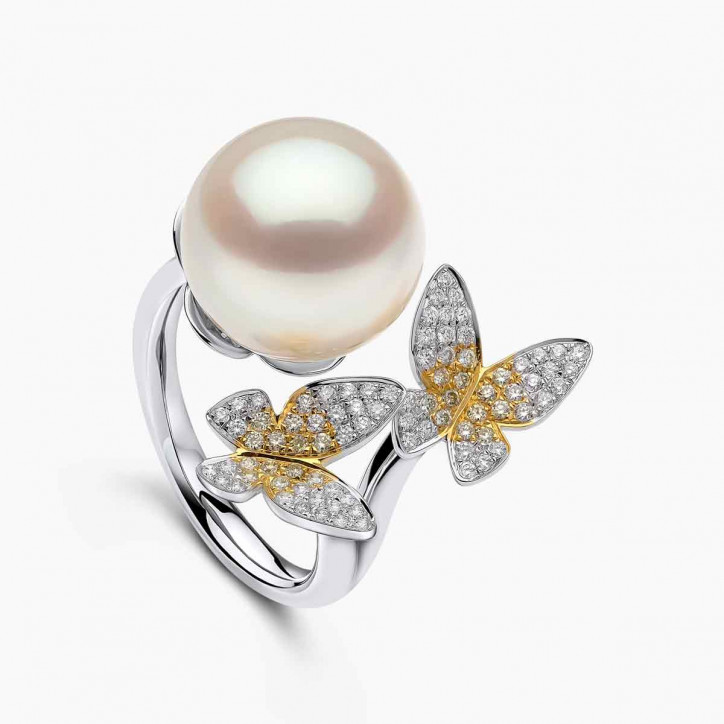 Sunrise 18K Gold South Sea Pearl Multi Butterfly Diamond Ring