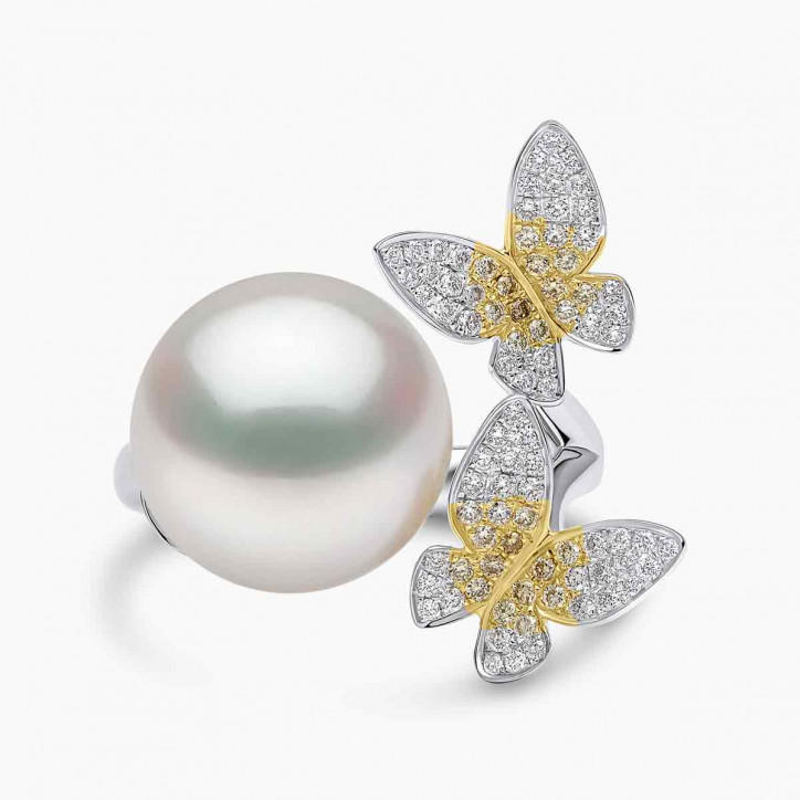 Sunrise 18K Gold South Sea Pearl Multi Butterfly Diamond Ring