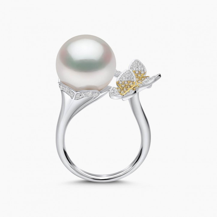 Sunrise 18K Gold South Sea Pearl Multi Butterfly Diamond Ring