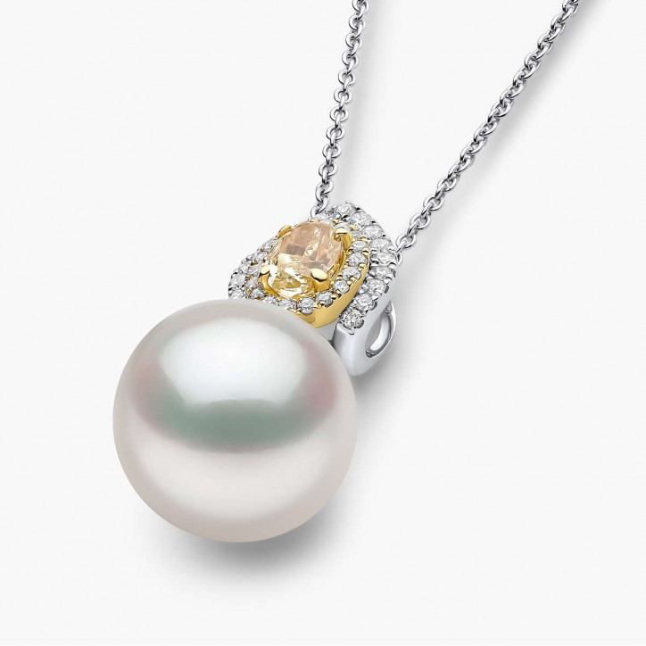 Sunrise 18K Gold South Sea Pearl Oval Cut Diamond Pendant