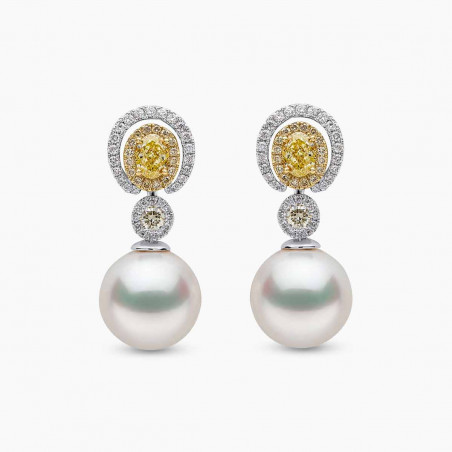 Sunrise 18K Gold South Sea Pearl Oval Cut Diamond Earrings