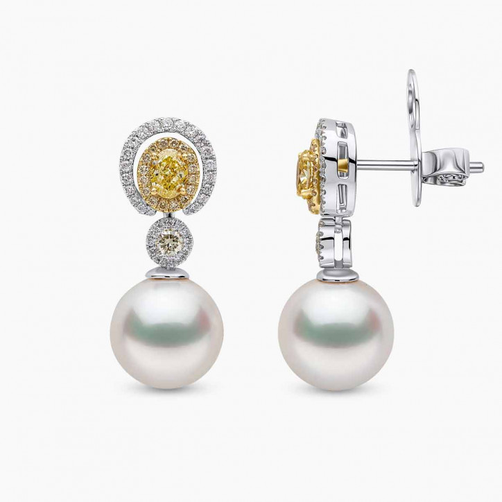 Sunrise 18K Gold South Sea Pearl Oval Cut Diamond Earrings