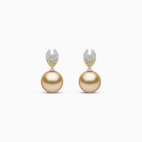 Sunrise 18k Gold South Sea Pearl Diamond Leaf Stud Earrings