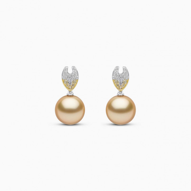 Sunrise 18k Gold South Sea Pearl Diamond Leaf Stud Earrings