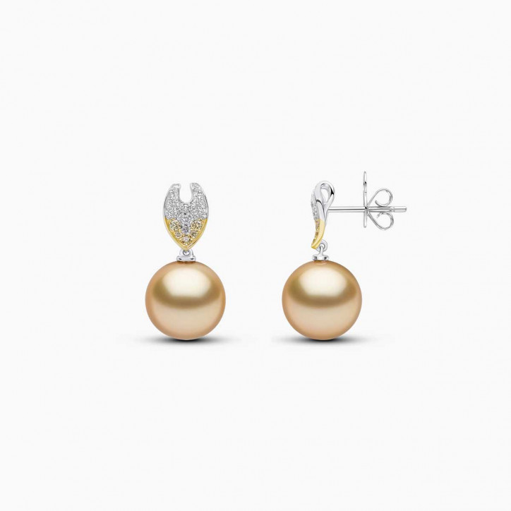 Sunrise 18k Gold South Sea Pearl Diamond Leaf Stud Earrings