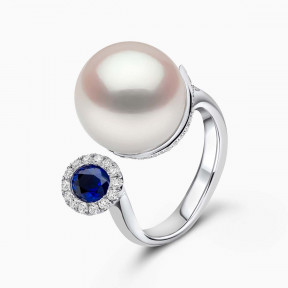 Ophelia 18K Gold South Sea Pearl Round Cut Sapphire Diamond Ring