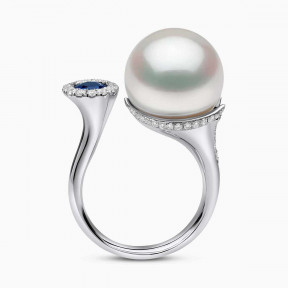 Ophelia 18K Gold South Sea Pearl Round Cut Sapphire Diamond Ring