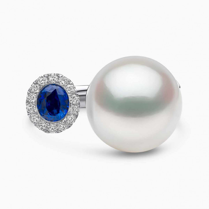 Ophelia 18K Gold South Sea Pearl Round Cut Sapphire Diamond Ring